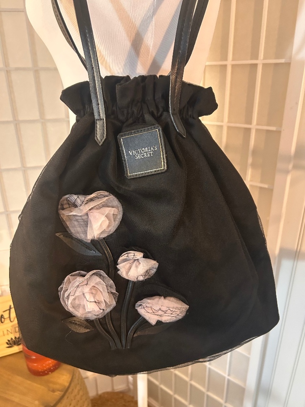 Victoria’s Secret Black Mesh Tulle Rose Drawstring Pouch Bag